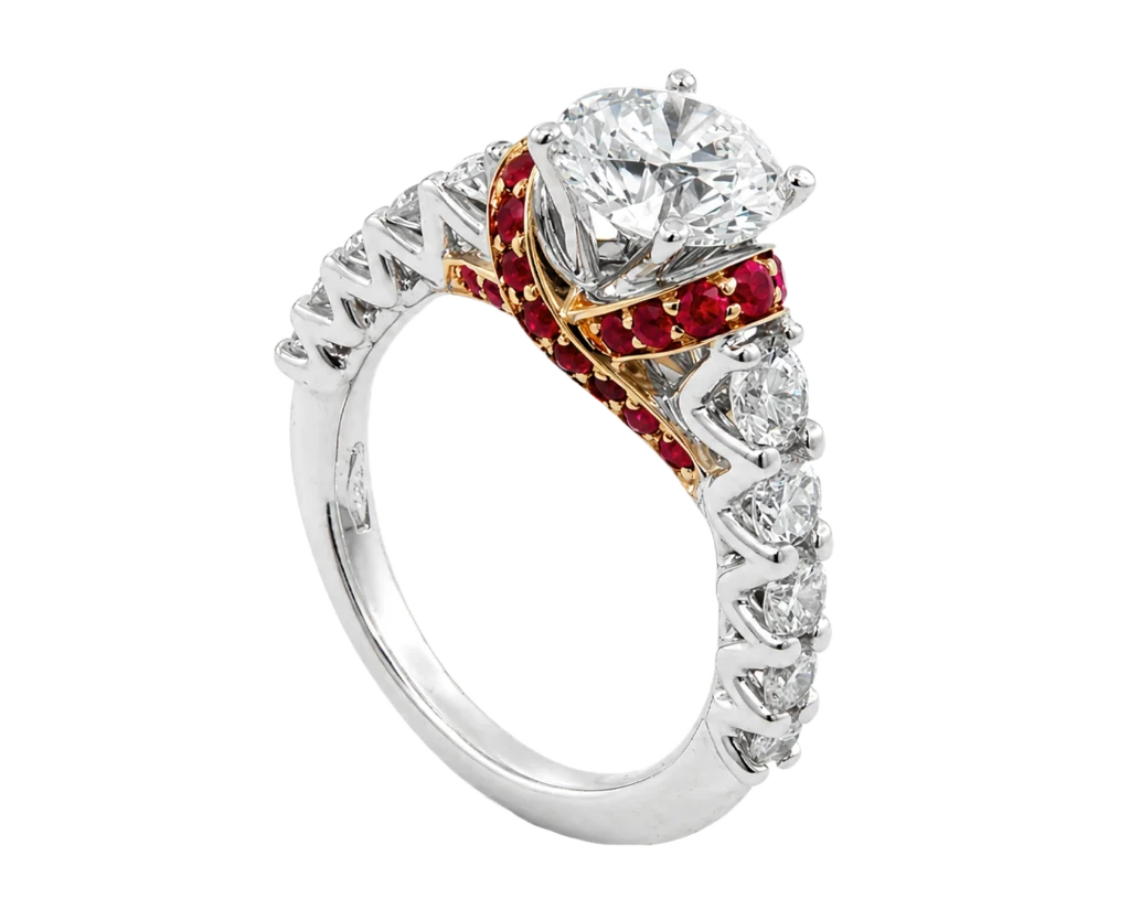 White and rose gold engagement ring with red rubies and white diamonds, red ribbon, front view