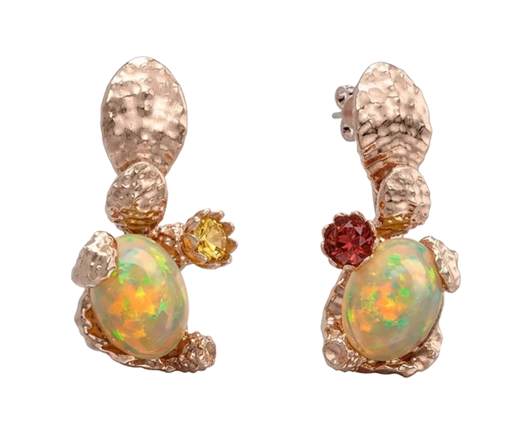 18-carat rose gold Ethiopian opal earrings with natural ruby and citrine