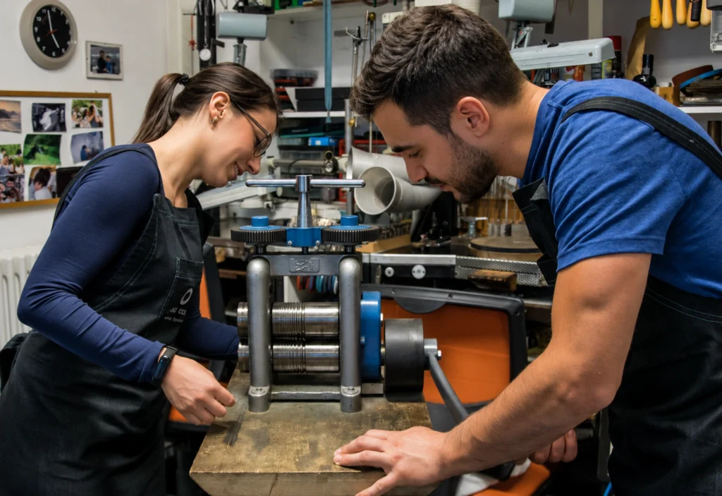 Partecipanti all’esperienza Orafi per un Giorno mentre lavorano il metallo nel laboratorio artigianale Antonio Colonna durante la realizzazione delle fedi nuziali.