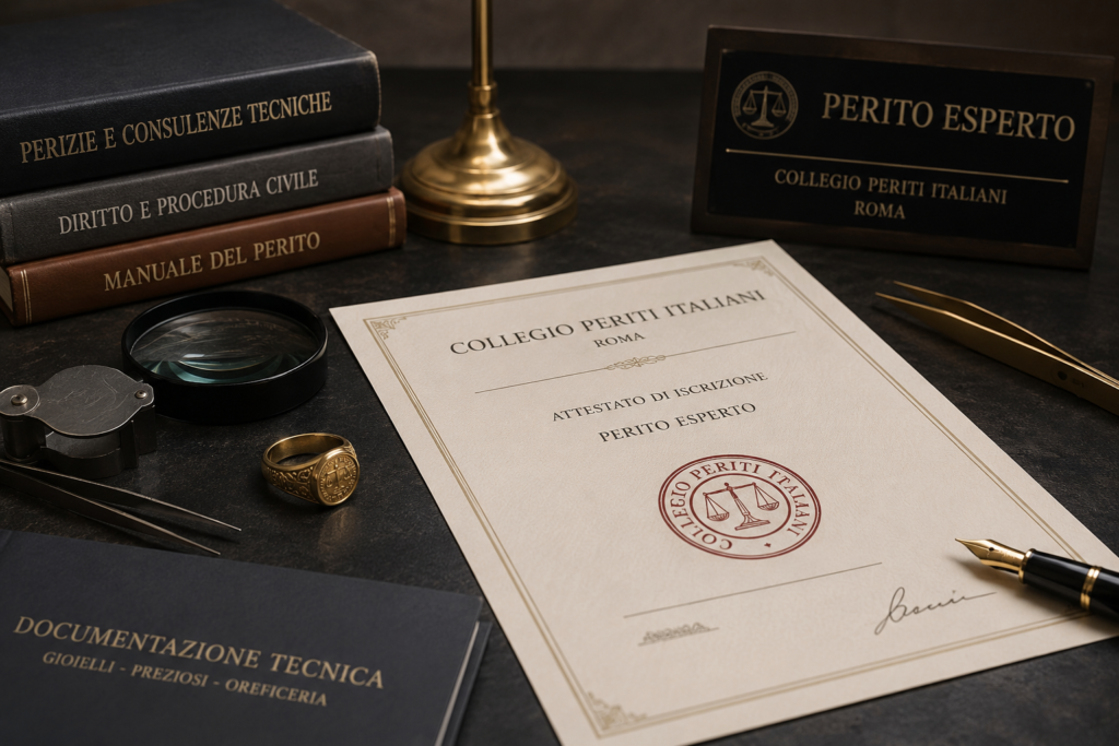 Strumenti professionali per perizie sui preziosi, documentazione tecnica e appartenenza al Collegio Periti Italiani nel contesto dell'attività di Antonio Colonna.