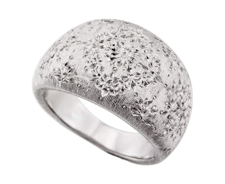 Handcrafted white gold Ricami ring with an engraved surface and decorative texture made by Antonio Colonna