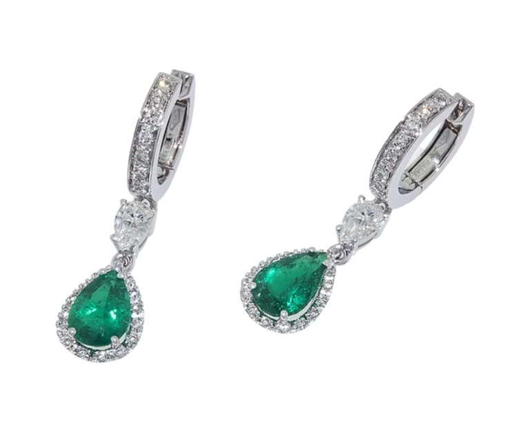 18-carat white gold emerald and diamond earrings, front view
