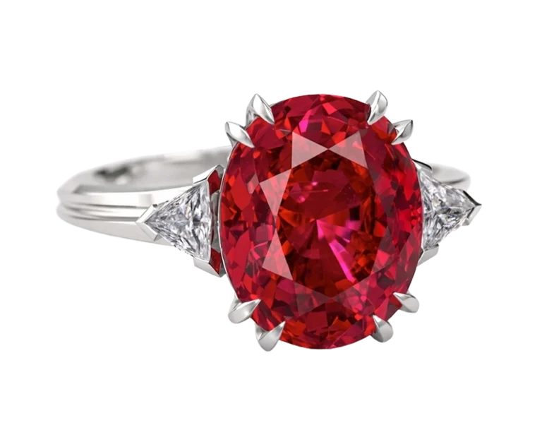 White gold ring with red tourmaline and natural trillion-cut diamonds, front view