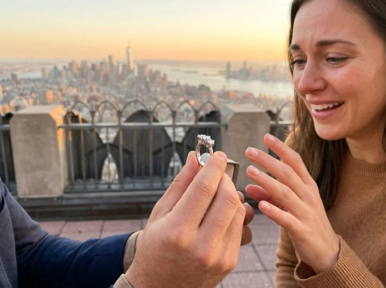 Gioielli narrativi su misura. Proposta di matrimonio a New York con anello Trilogy in oro bianco e diamanti