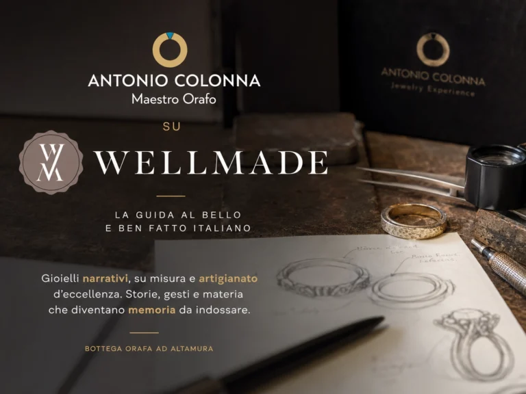 Logo Wellmade e Antonio Colonna su tavolo da progettazione con schizzi, strumenti orafi e gioielli artigianali italiani