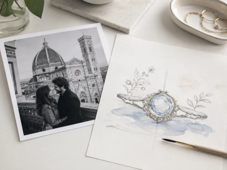 Gioielli narrativi su misura. Fotografia in bianco e nero di una coppia davanti al Duomo di Firenze, utilizzata come punto di partenza per un gioiello narrativo.