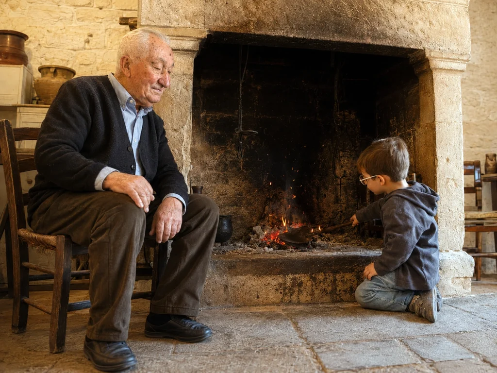 Un bambino osserva il fuoco del camino insieme al nonno, simbolo della nascita della passione per il mestiere dell'orafo e della trasmissione dei valori artigiani.