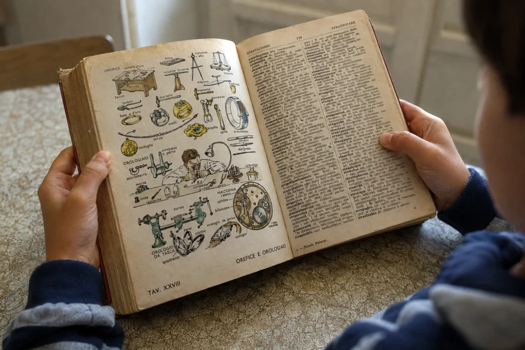 Bambino che consulta un vocabolario illustrato dedicato ai mestieri e agli strumenti, simbolo della curiosità e della scoperta del mestiere.