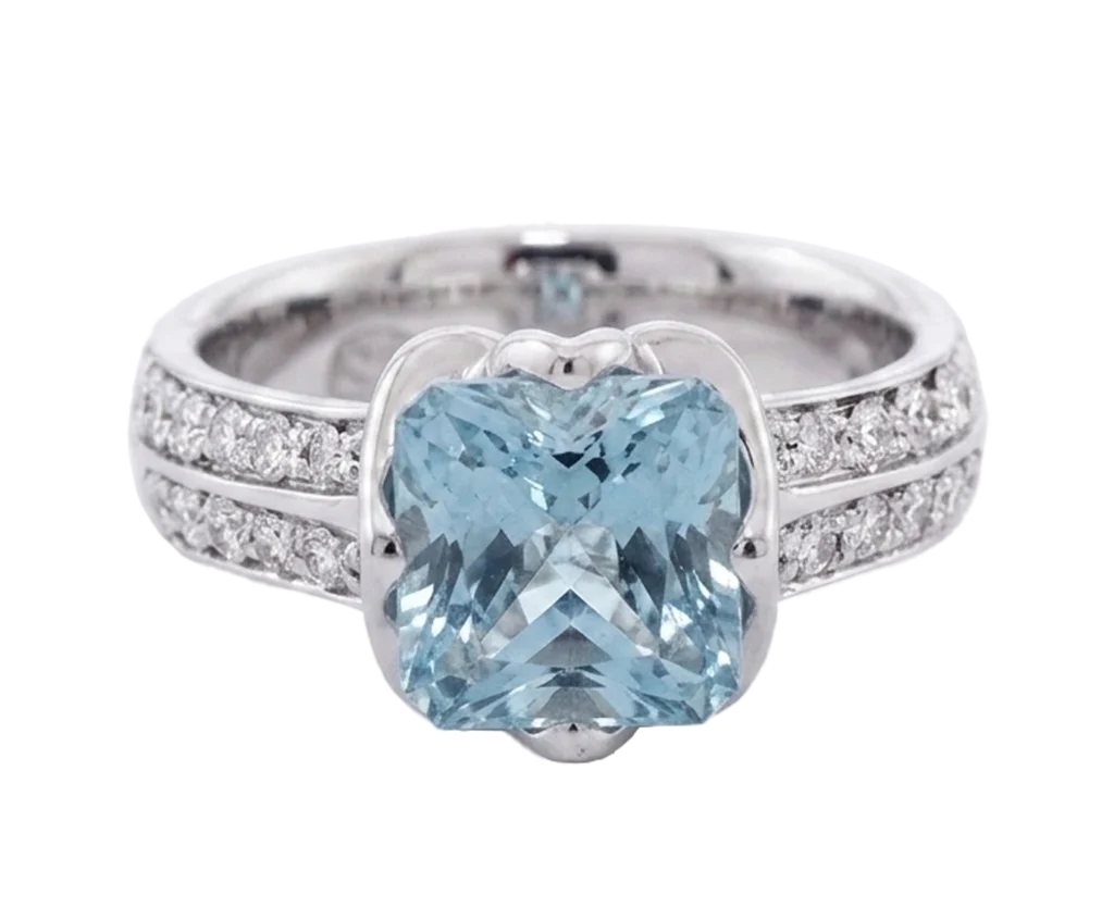 Aquamarine engagement ring, white gold and diamond promise ring, front view