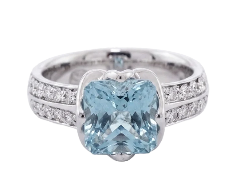 Aquamarine engagement ring, white gold and diamond promise ring, front view