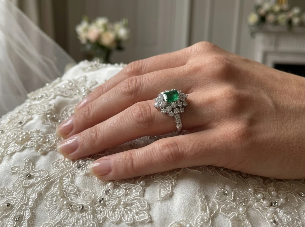 Anello Mimosa con smeraldo e diamanti indossato sulla mano