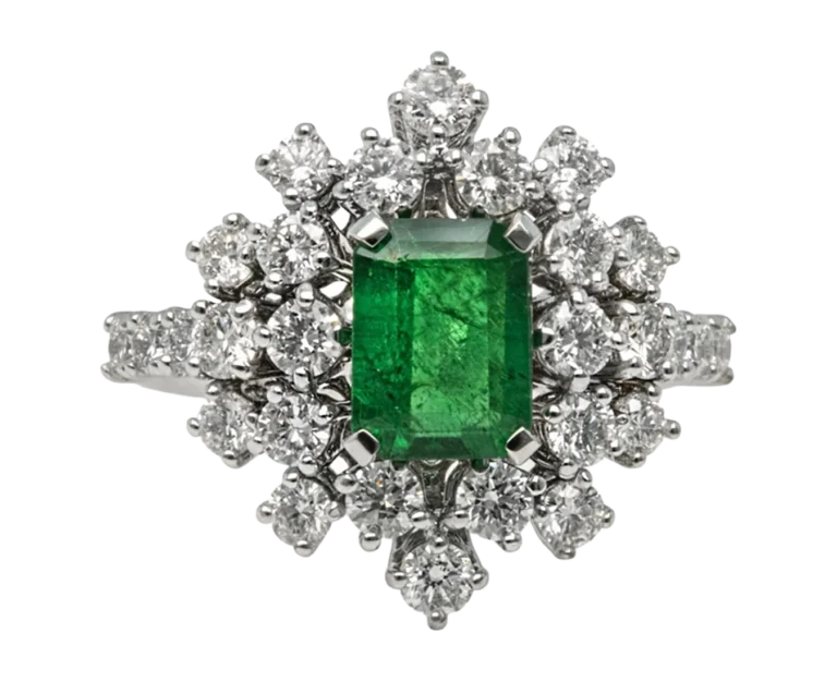 Anello personalizzato Mimosa in oro bianco con smeraldo ottagonale e diamanti visto frontalmente