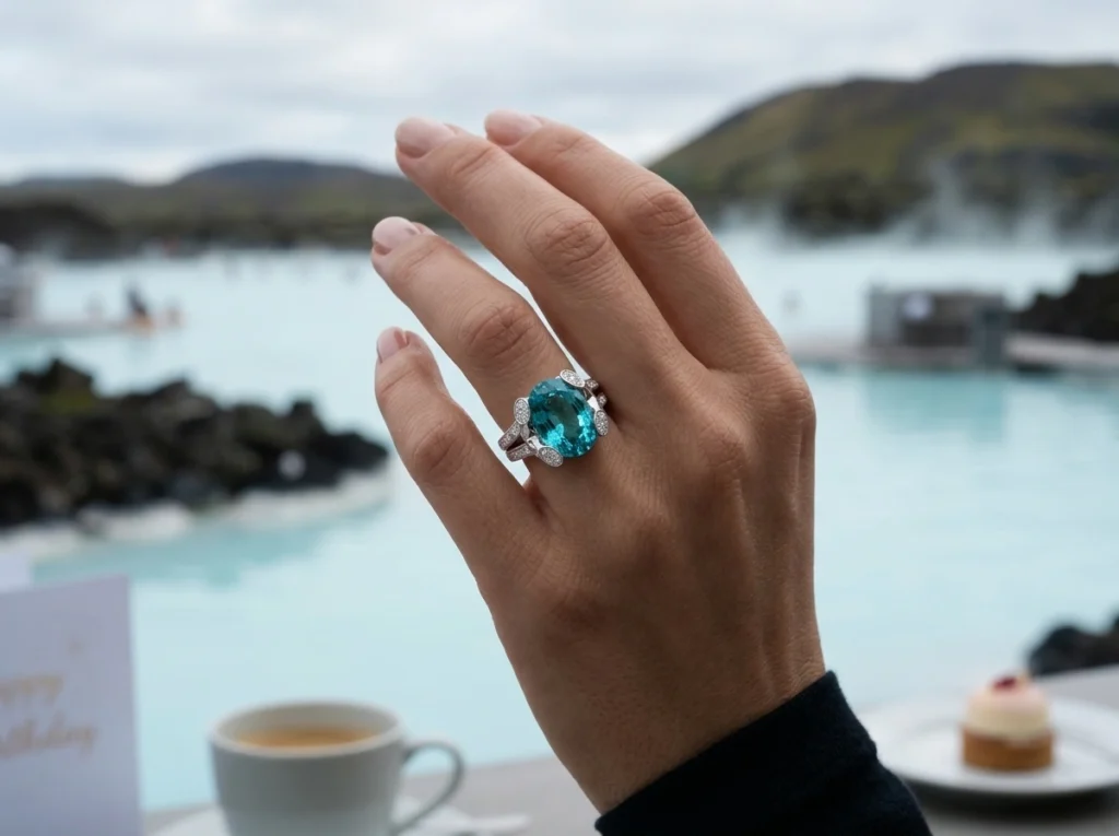 Mano con anello Laguna Blu e zircone blu naturale, fotografata in Islanda