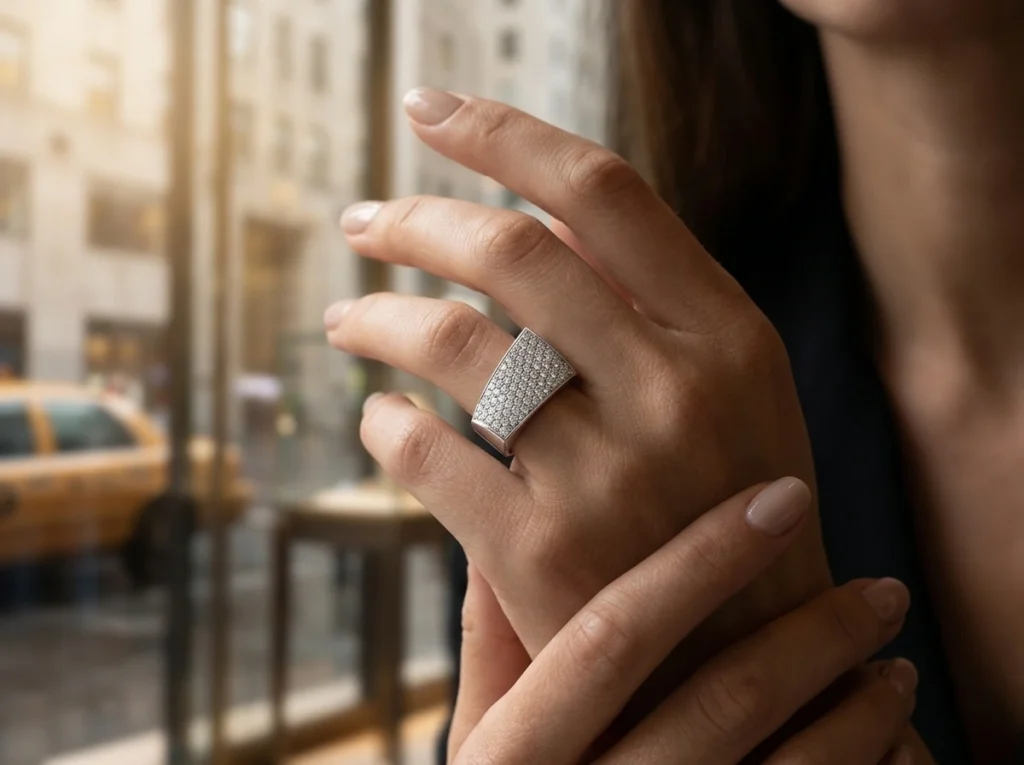 Anello Pavé indossato sulla mano in un ambiente urbano