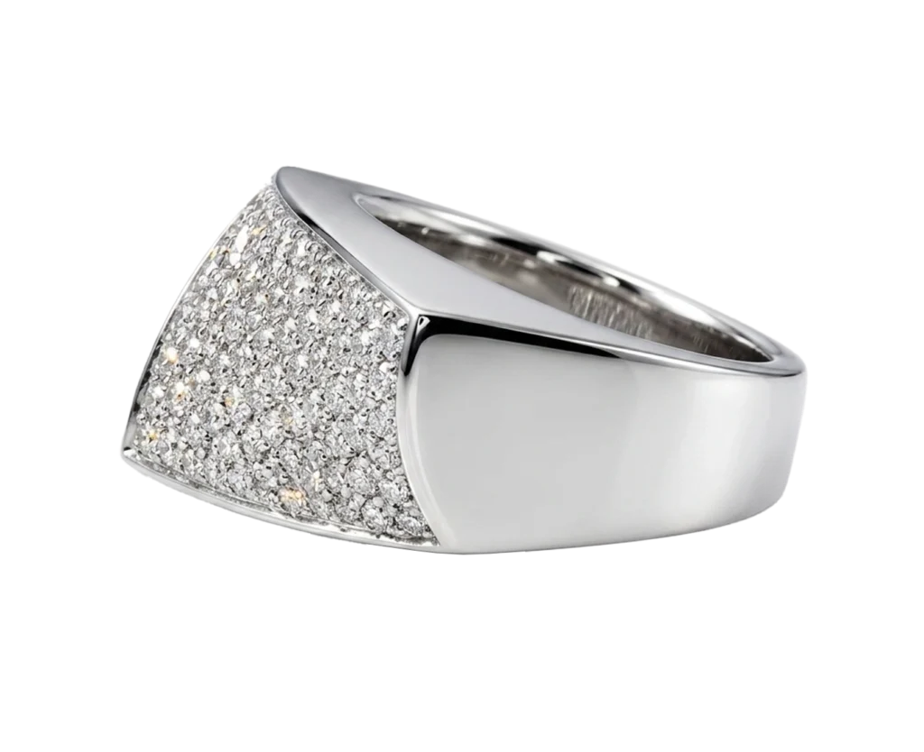 Side view of the white gold Pavé diamond ring