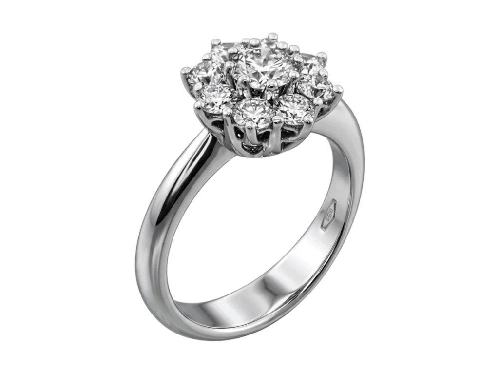 Side view of the Queen white gold ring with natural diamonds and prong setting