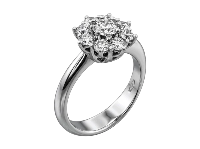 Side view of the Queen white gold ring with natural diamonds and prong setting