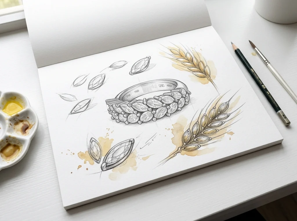 Design drawing of the Wheat Grains ring inspired by the shape of the ear of corn