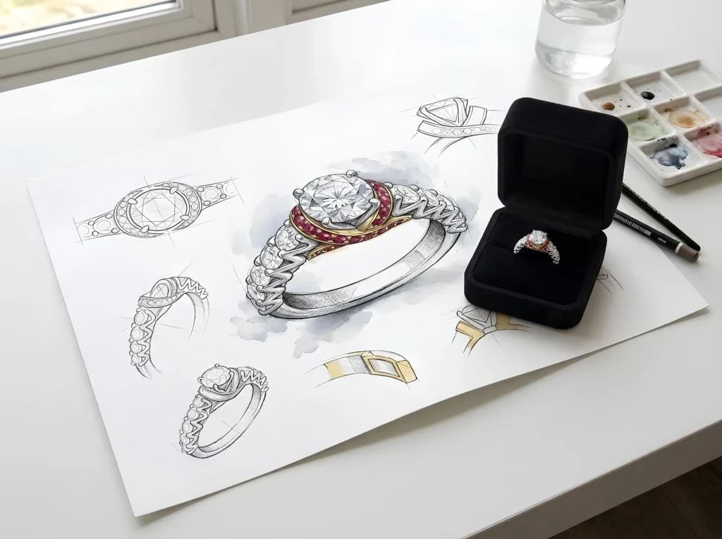 Disegni preparatori dell’anello di fidanzamento Nastro Rosso con rubini e diamanti