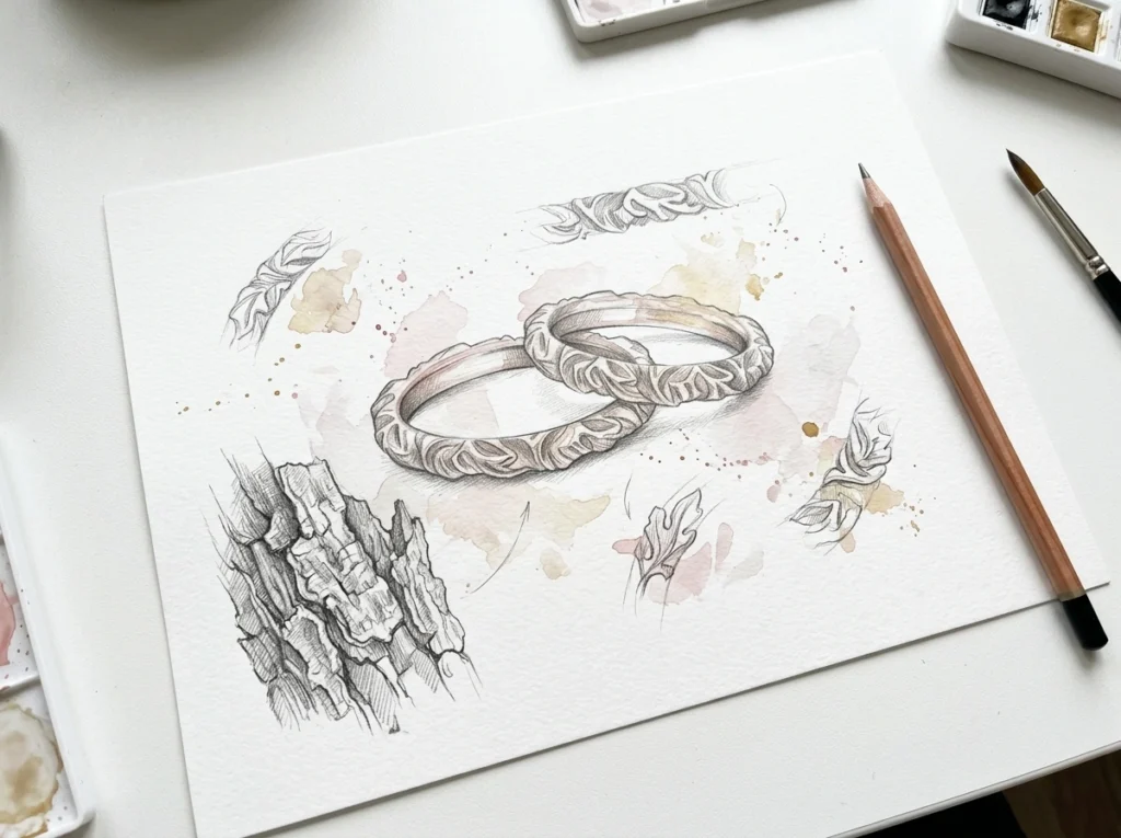 Preliminary sketches of bespoke oak-inspired wedding rings