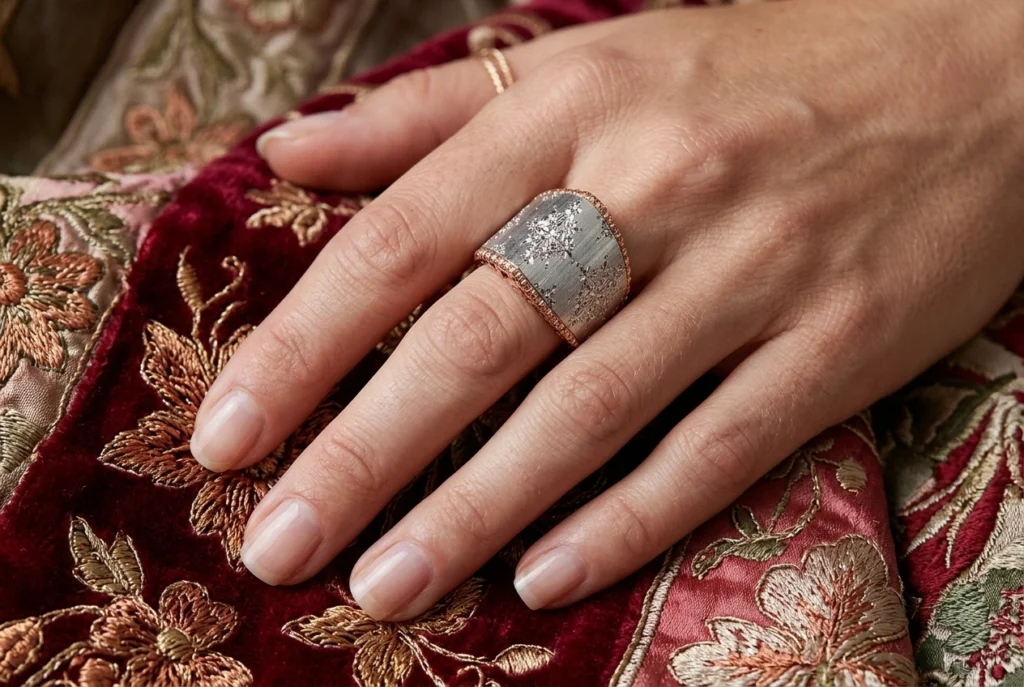 Anello personalizzato in oro bianco e rosa Fusione indossato sulla mano