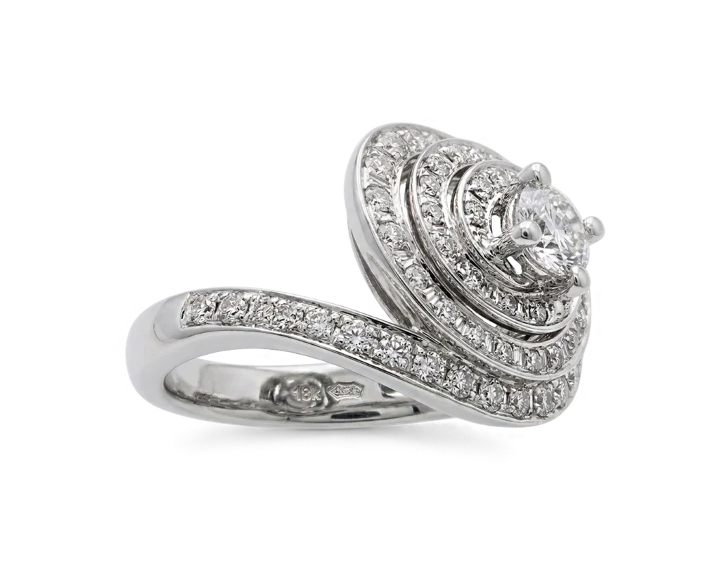 Side view of the white gold white galaxy ring with diamonds