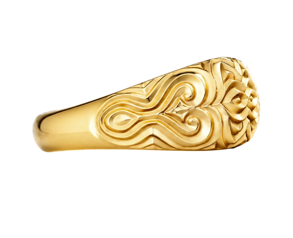 Yellow gold ring with a mandala motif seen from the side