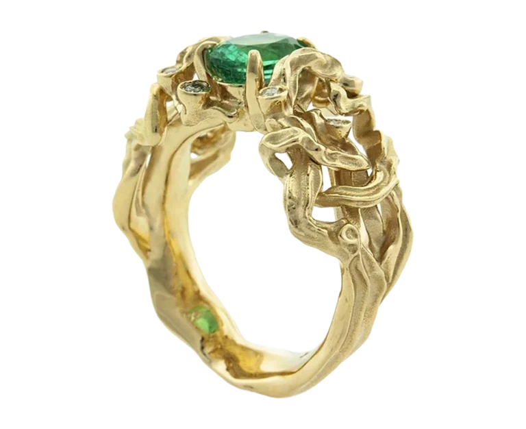 Side view of the Radici ring with a natural emerald
