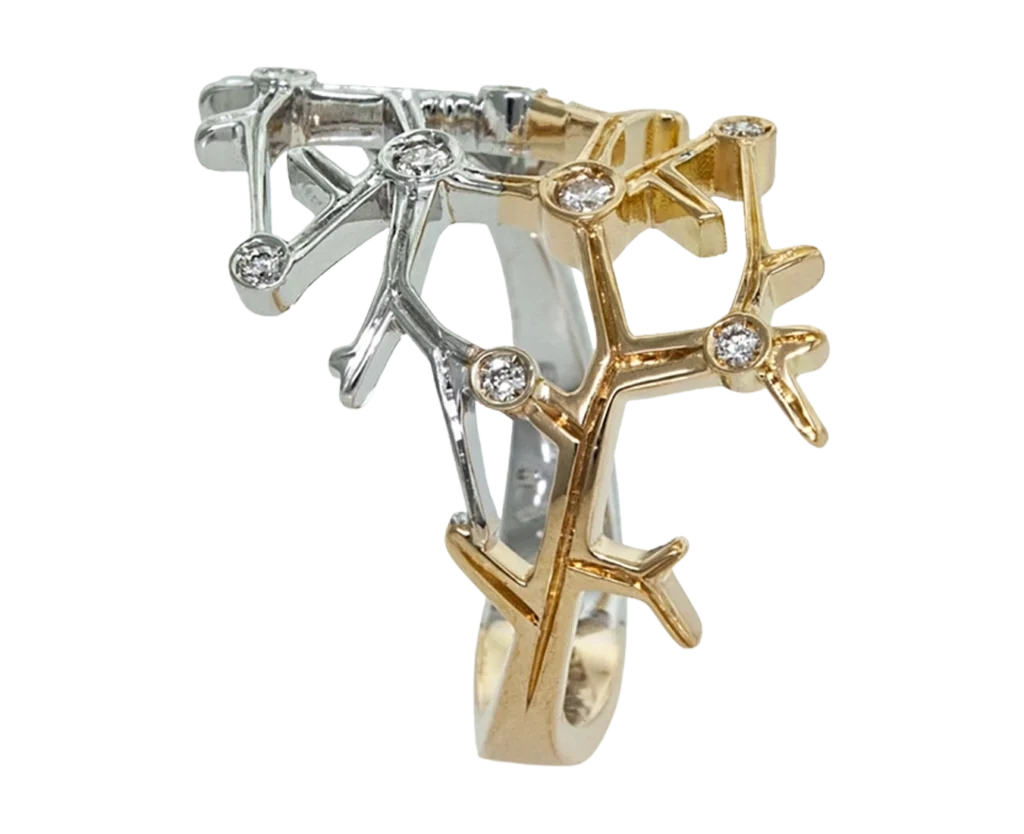 Side view of the Family Constellations ring in yellow and white gold