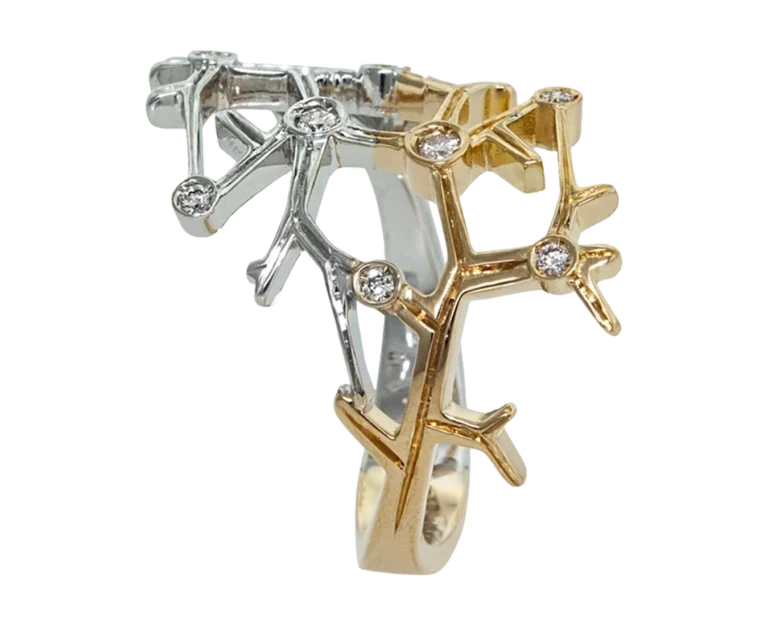 Side view of the Family Constellations ring in yellow and white gold