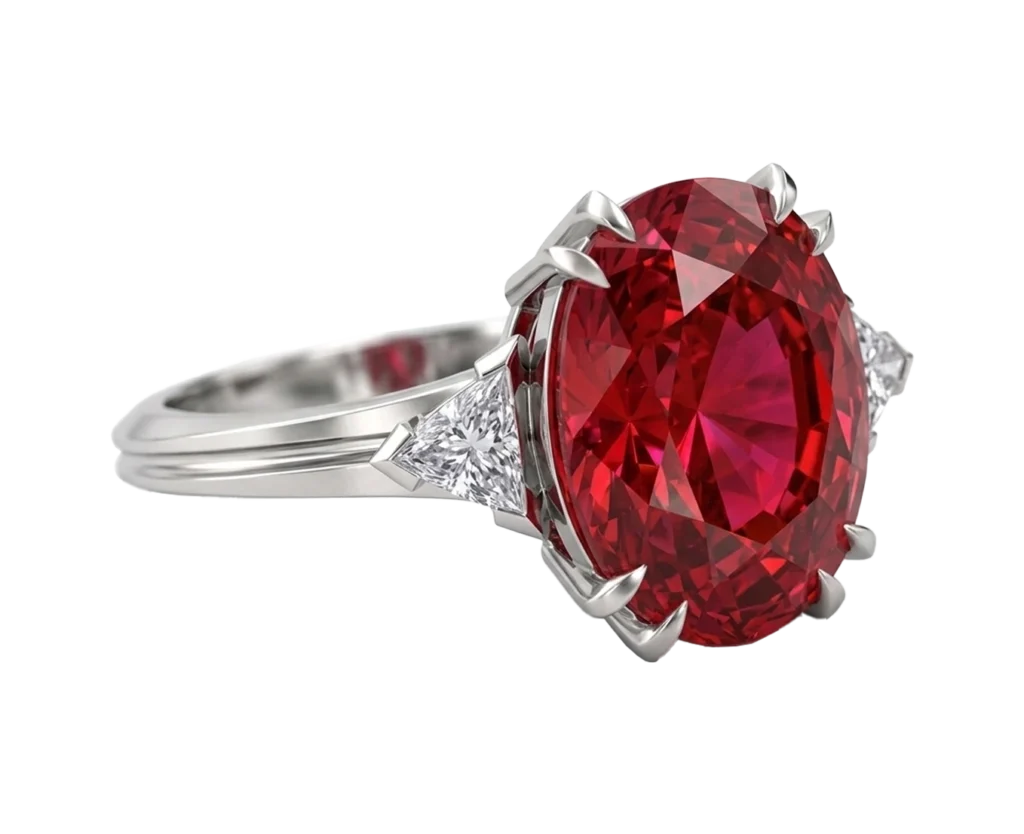 Side view of the Tourmaline ring with red tourmaline, trillion-cut diamond, prongs and basket