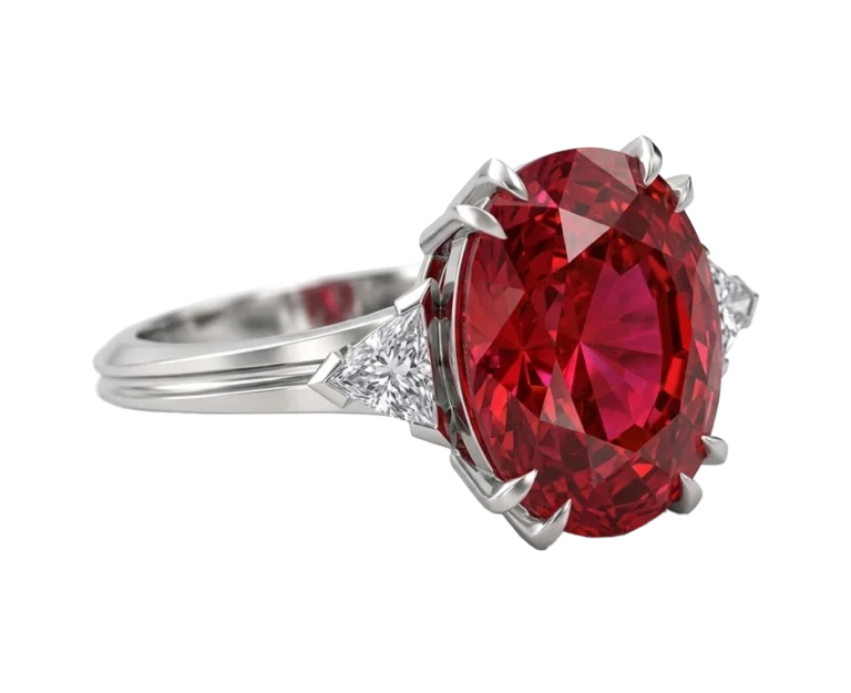 Side view of the Tourmaline ring with red tourmaline, trillion-cut diamond, prongs and basket