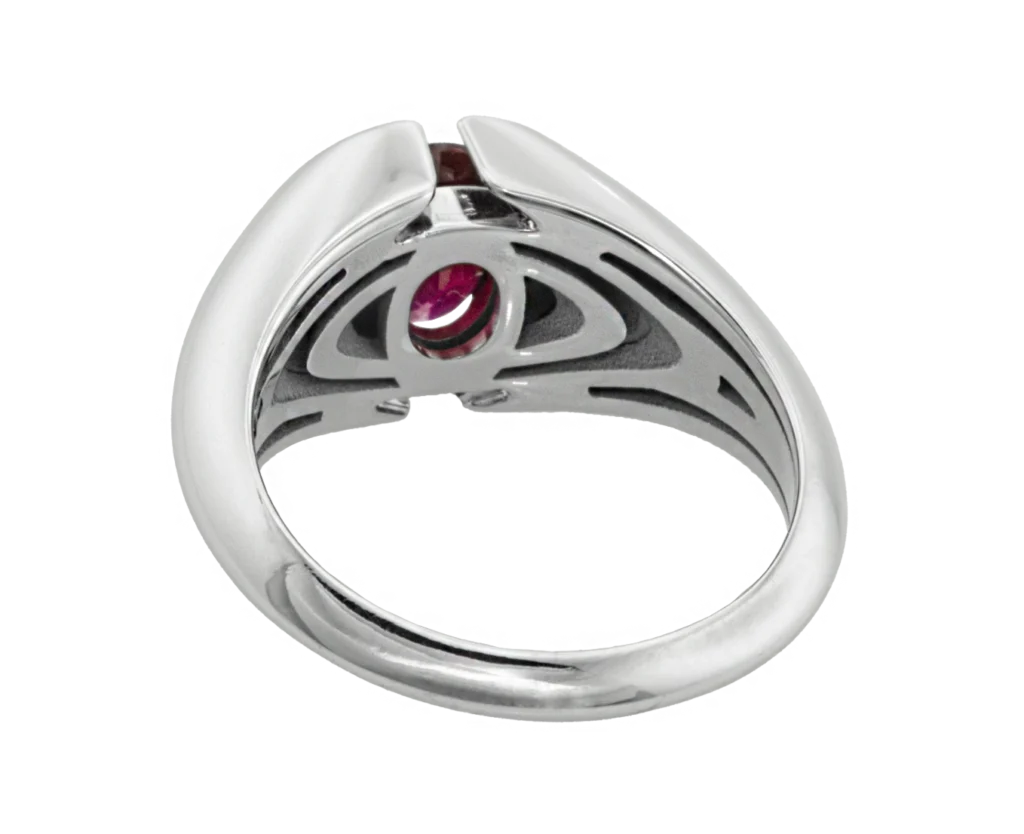 Rear view of the In Brackets white gold and ruby ring