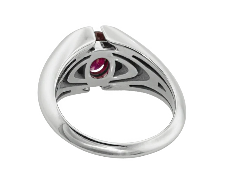Rear view of the In Brackets white gold and ruby ring