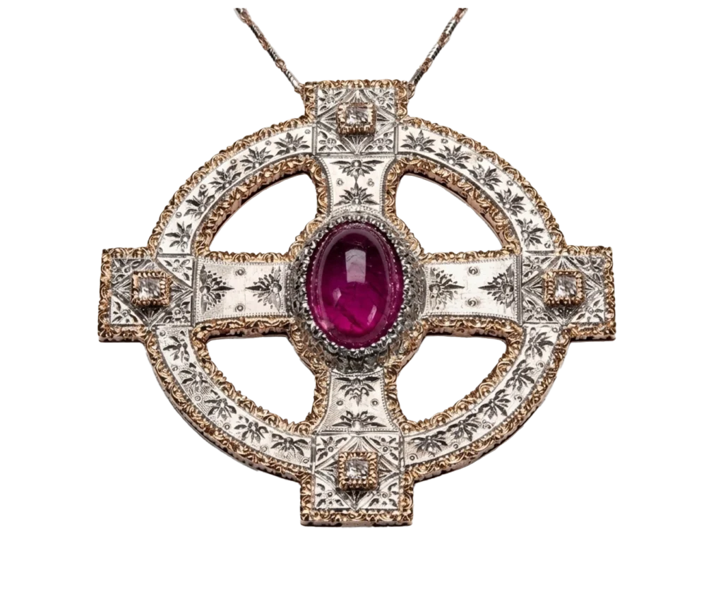 Rose and white gold Celtic cross with a cabochon ruby and square-cut diamonds, front view
