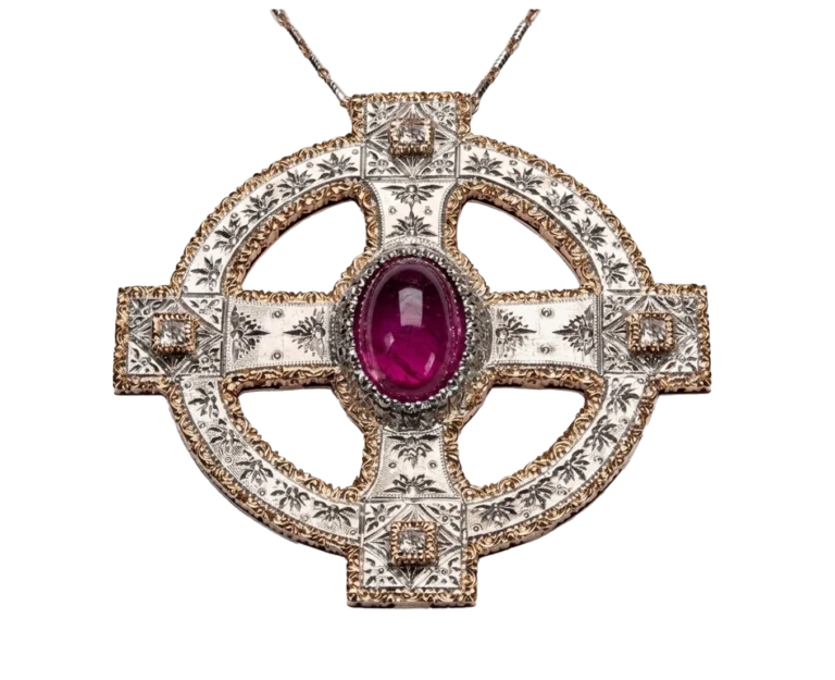 Rose and white gold Celtic cross with a cabochon ruby and square-cut diamonds, front view