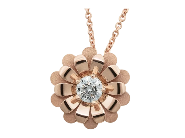 Pendente margherita in oro rosa con diamante, vista frontale della composizione radiale