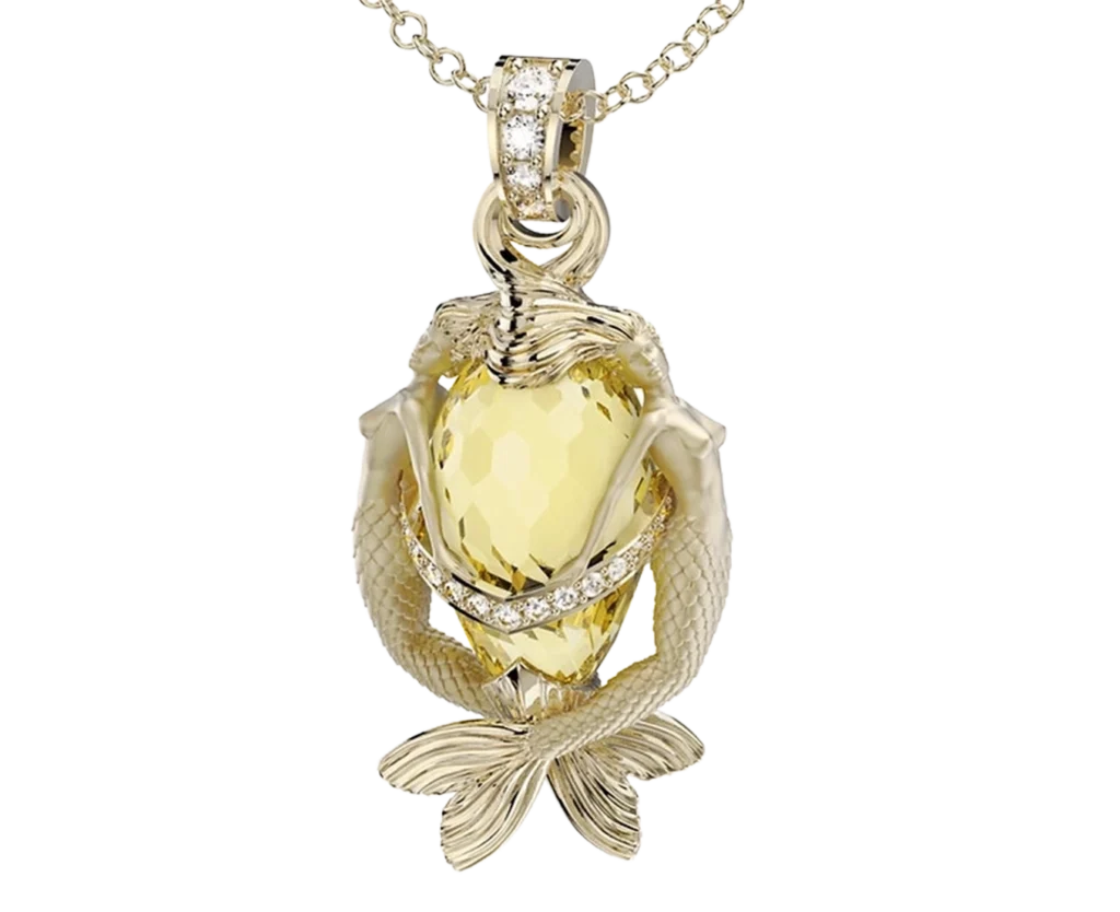 Pendente in oro giallo con quarzo lemon Sirene, vista frontale con diamanti e figure di sirena