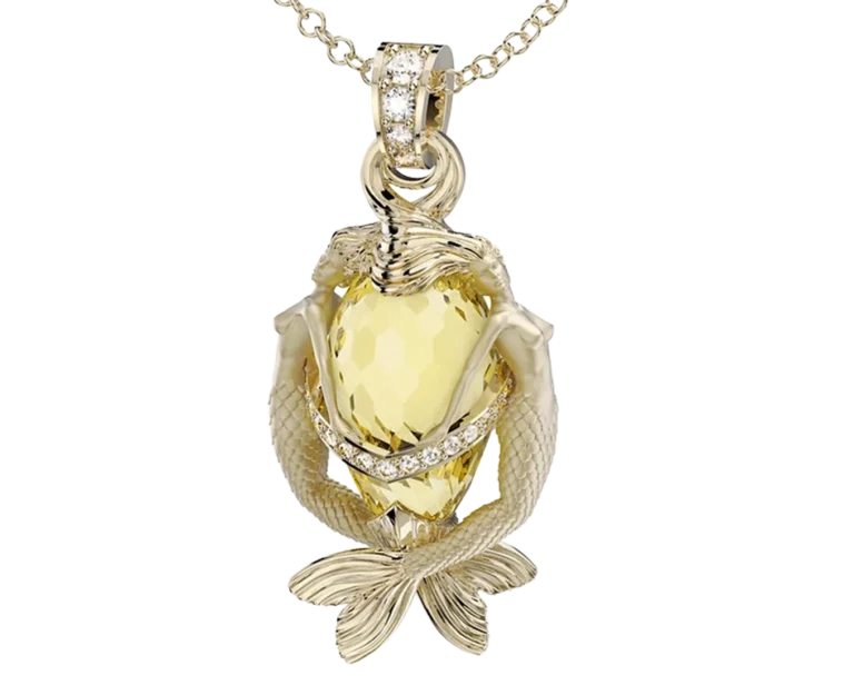 Pendente in oro giallo con quarzo lemon Sirene, vista frontale con diamanti e figure di sirena