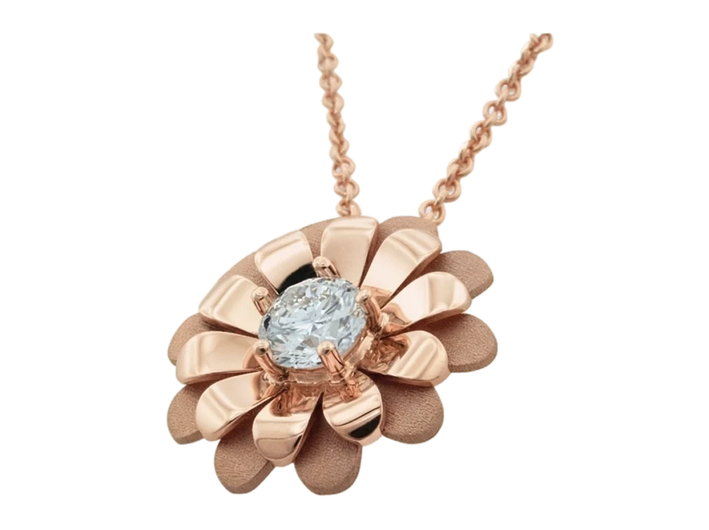 Vista prospettica del pendente Margherita in oro rosa con diamante naturale