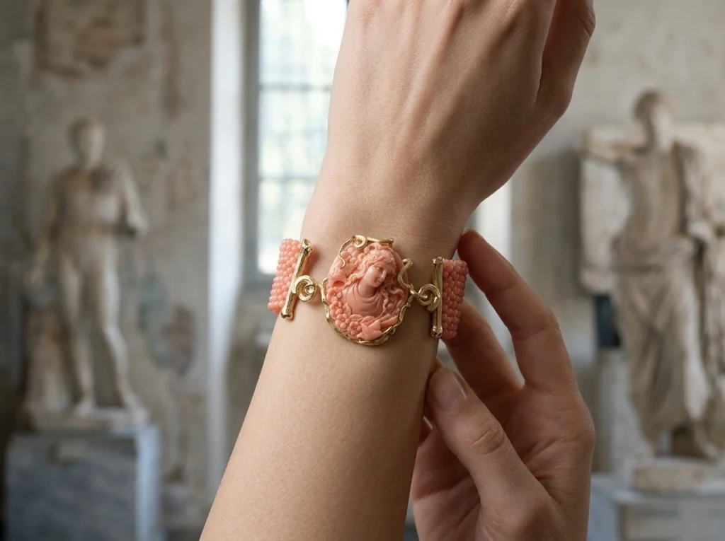 Bracciale Coralli di famiglia indossato al polso con cammeo centrale