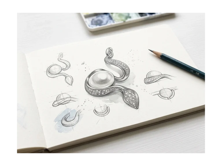 Design study of the Tentazione Bianca pendant with pearl and curvilinear flow