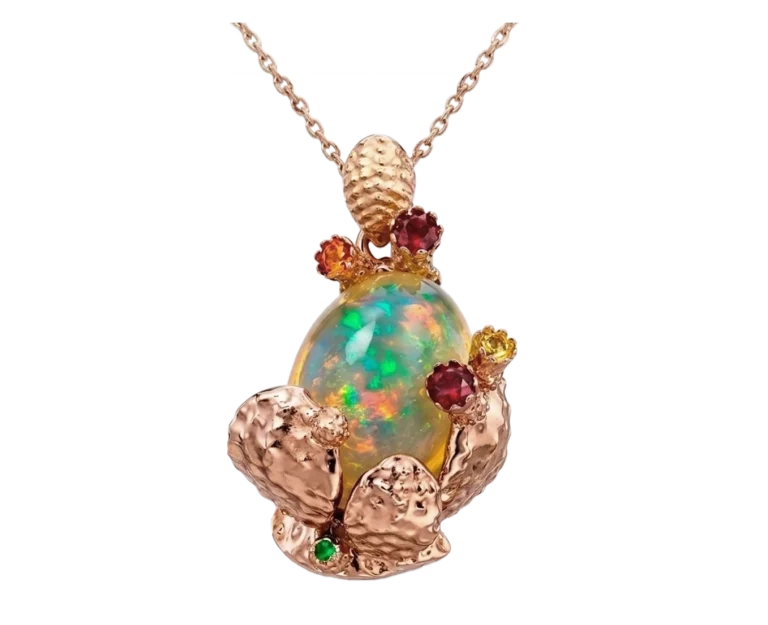 Pendente in oro rosa con gemme Opal Nopal, vista frontale della composizione organica