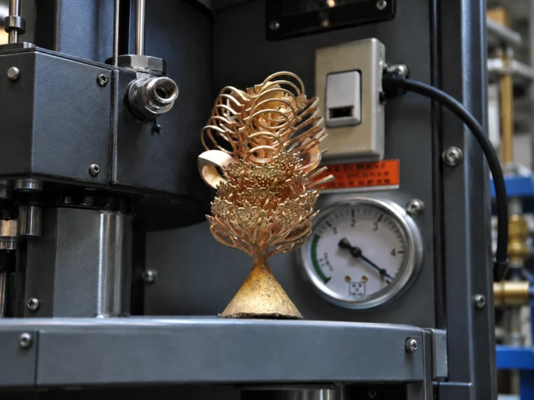 Albero di fusione metallico con elementi di gioielleria davanti a un macchinario dotato di manometro.