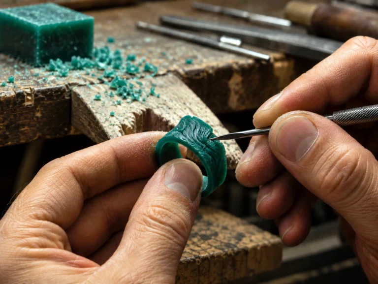 Mani che modellano un gioiello in cera verde utilizzando uno strumento di precisione al banco orafo. Copia